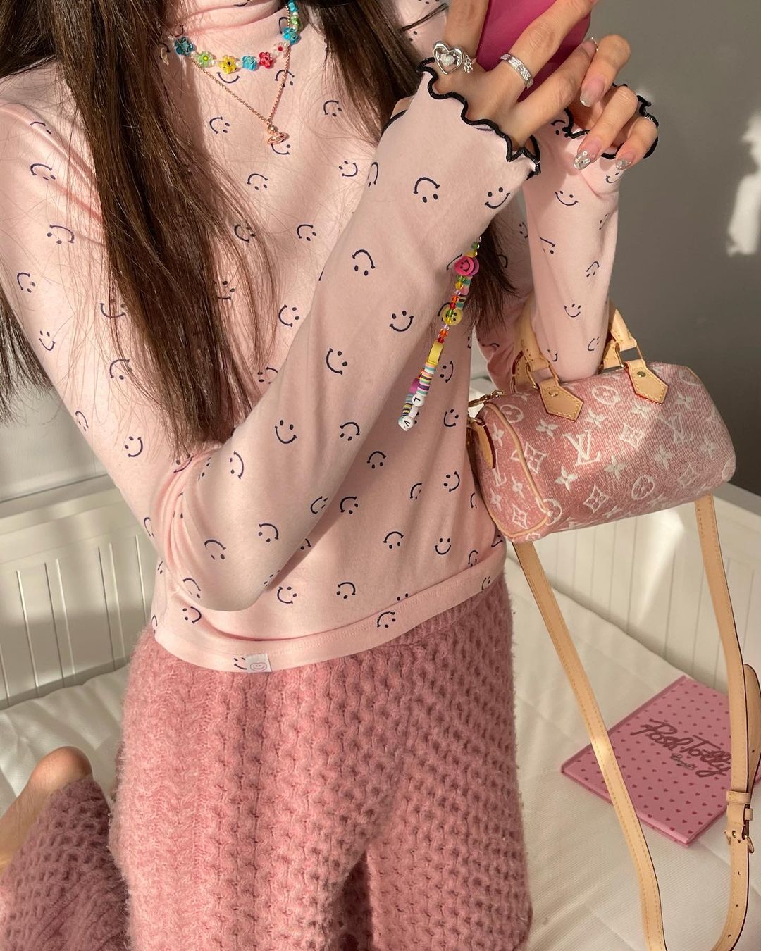 SMILE TURTLE NECK LONG SLEEVE T-SHIRTS PINK